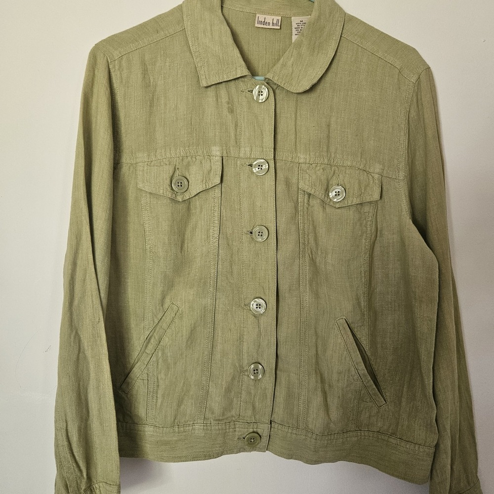 Linden Hill Women's 100% Linen Button Up Denim Jacket Sz M Green 90's Classic